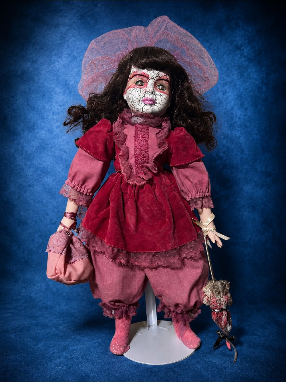 Vintage-Style Pink Porcelain Doll in Pink Dress Halloween Decor Goth creepy ooak
